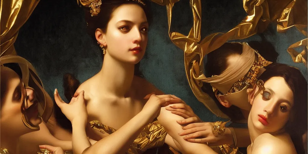 Prompt: beautiful oil matte painting, women with gold skin showered with diamonds, wonderful masterpiece highly detailed, beautiful cinematic light deep focus, elegant, digital painting, smooth, sharp focus, golden ratio, dramatic illumination, ultra realistic, 8 k, art by artemisia lomi gentileschi and caravaggio