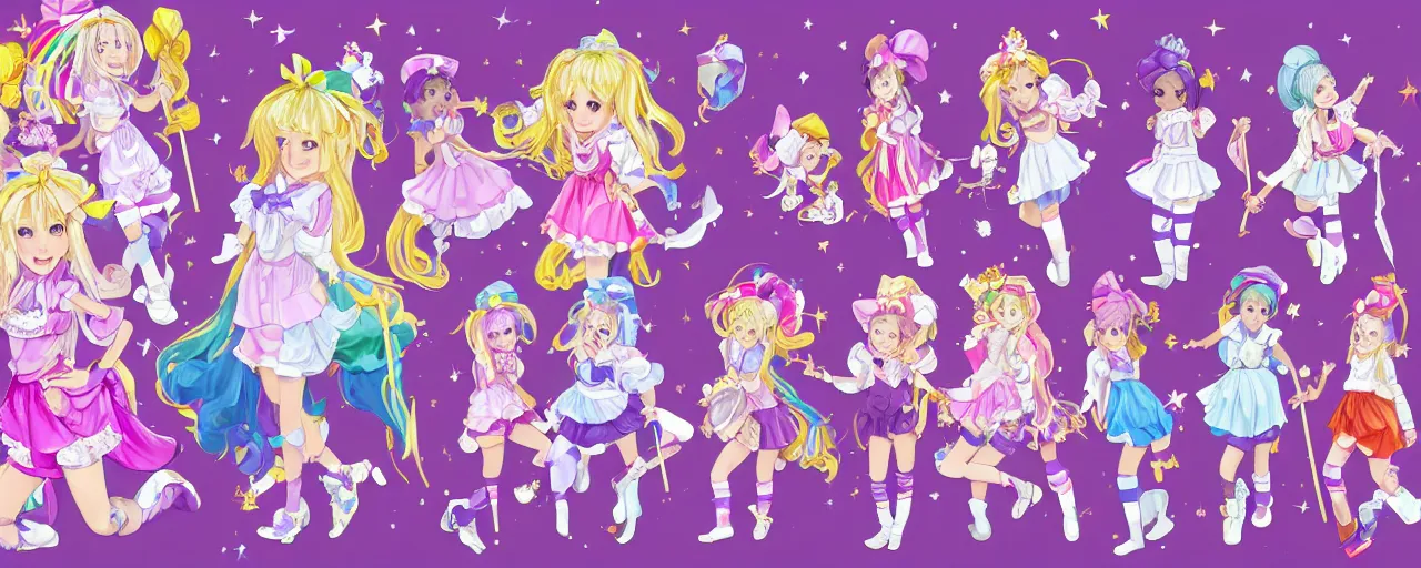 Prompt: A character sheet of full body cute magical girls with short blond hair wearing an oversized purple Beret, Purple overall shorts, Short Puffy pants made of silk, pointy jester shoes, a big billowy scarf, and white leggings. Rainbow accessories all over. Flowing fabric. Golden Ribbon. Covered in stars. Fancy Dress. Jasmine Pants. Lolita Dress. Short Hair. Art by william-adolphe bouguereau and Paul Delaroche and Alexandre Cabanel and Lawrence Alma-Tadema and WLOP and Artgerm. Fashion Photography. Decora Fashion. harajuku street fashion. Kawaii Design. Intricate, elegant, Highly Detailed. Smooth, Sharp Focus, Illustration Photo real. realistic. Hyper Realistic. Sunlit. Moonlight. Dreamlike. Fantasy Concept Art. Surrounded by clouds. Artist Clothes. Painter Clothes. Dreamer. 4K. UHD. Denoise.