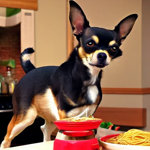 Prompt: large chihuahua making spaghetti food network cooking show hd trending on Flickr