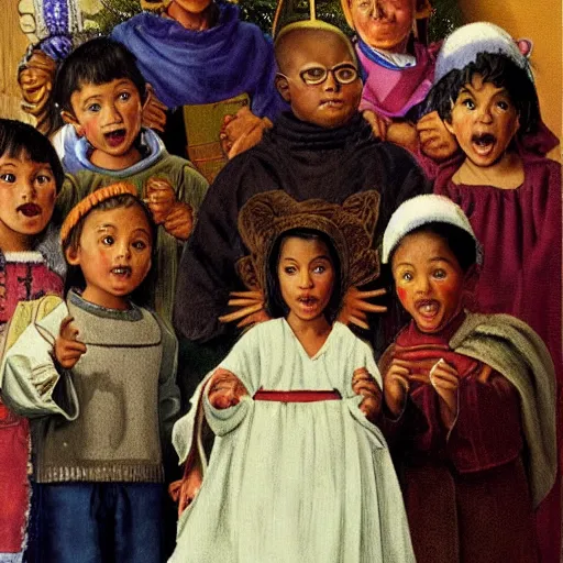 Image similar to ethnically diverse children in a church nativity play, art by normal rockwell