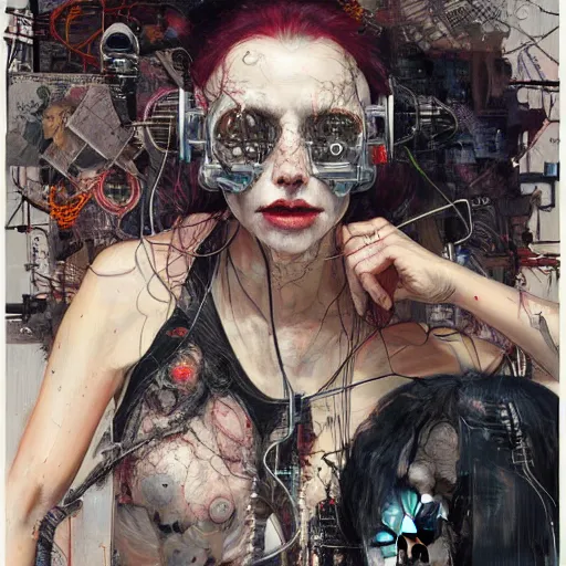 Image similar to rona mitra as a cyberpunk noir detective, skulls, wires cybernetic implants, machine noir grimcore, in the style of adrian ghenie esao andrews jenny saville surrealism dark art by james jean takato yamamoto and by ashley wood