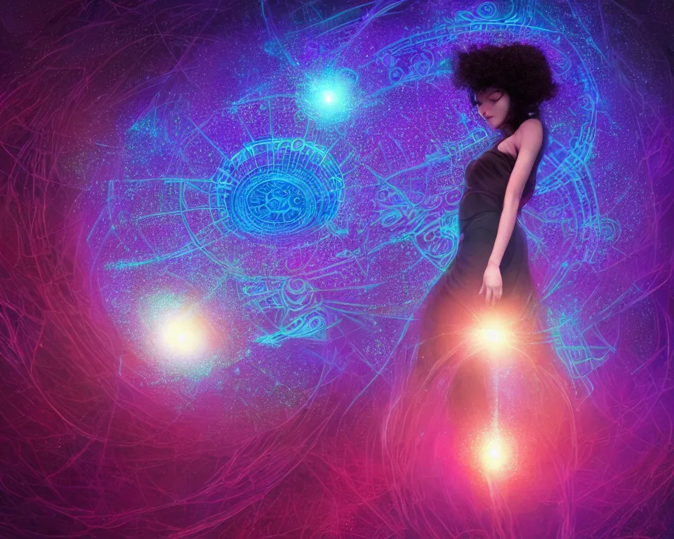 Image similar to a beautiful whimsical woman standing under a multi-colored binary blackhole with an accretion disc, casting magic, glowing trails following her arms, intricate repeating geometric patterns, fractals, by Ross Tran, by Greg Rutkowski, by artgerm, by beeple, by moebius, cinematic angle, volumetric lighting, 4k resolution, octane render, trending on artstation, masterpiece