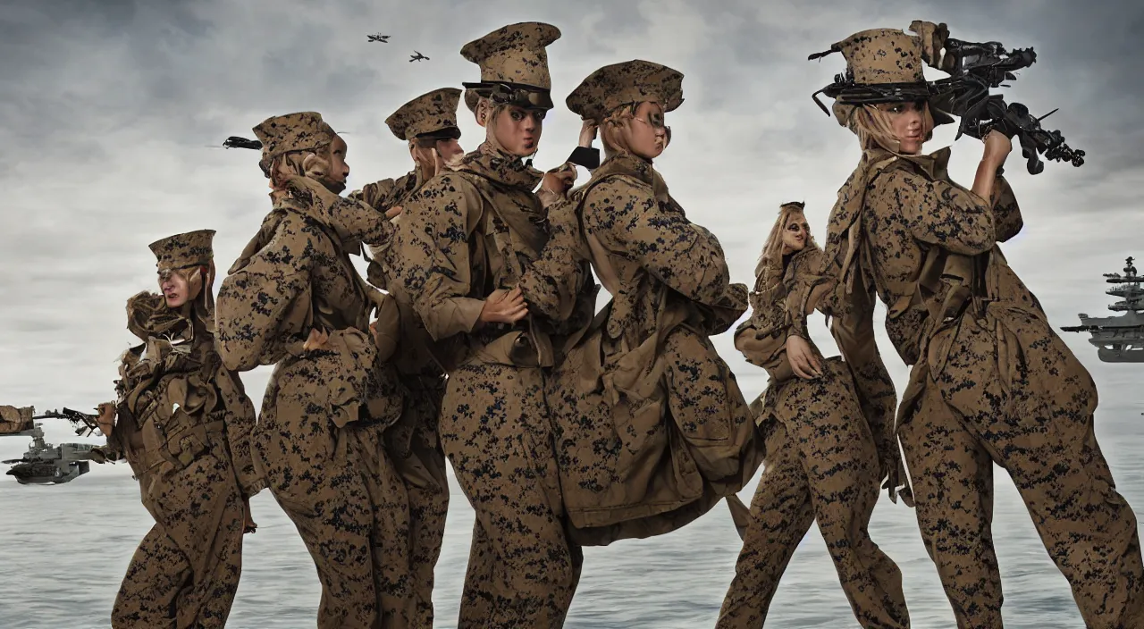 Image similar to us marines portrait, on aircraft carrier, highly detailed, fashion editorial, by jimmy nelson