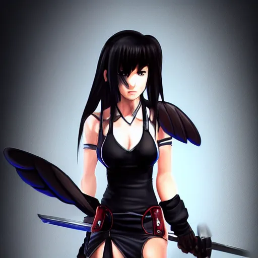 Image similar to high quality art of tifa lockhart with a black wing, trending on artstation