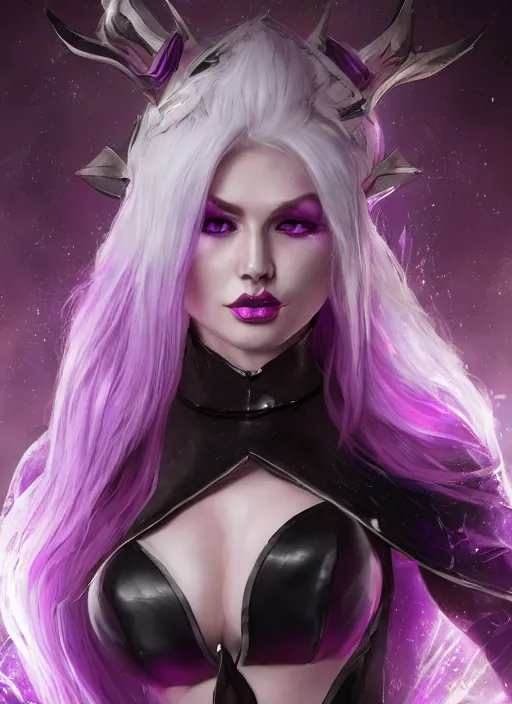 Image similar to syndra, from league of legends, white hair, purple magic, hyper detailed, digital art, trending in artstation, cinematic lighting, studio quality, smooth render, unreal engine 5 rendered, octane rendered, art style by klimt and nixeu and ian sprigger and wlop and krenz cushart