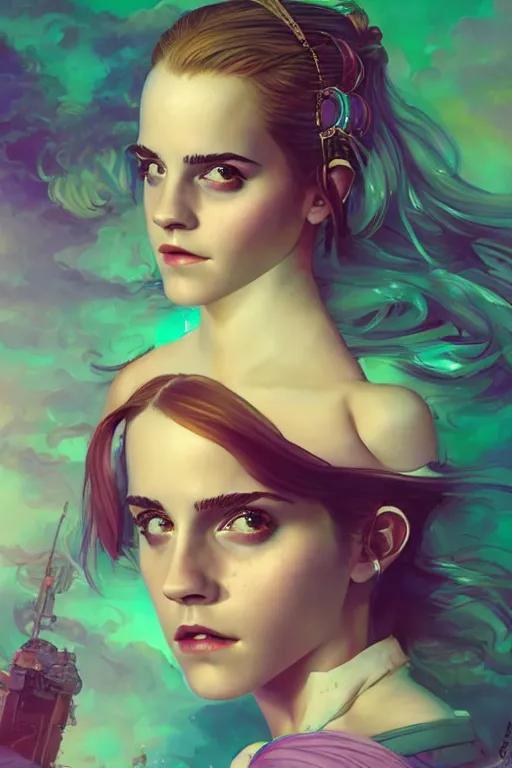 Prompt: emma watson portrait of a vaporwave girl in a cluttered 9 0 s bedroom, by artgerm, tom bagshaw, gerald brom, vaporwave!, vaporwave colors!, lo fi colors, lo fi, 4 k, hd,