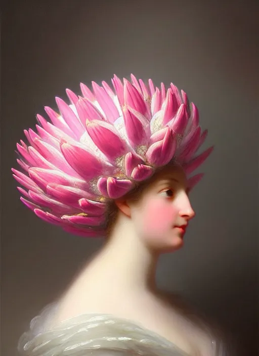 Image similar to stunning canadian godess princess, detailed pink and white protea head peace against a black backdrop by ivan aivazovsky, wlop, super sharp details, photorealism, 5 0 mm lens, oil painting, beautiful soft lighting, muted colours, artstation