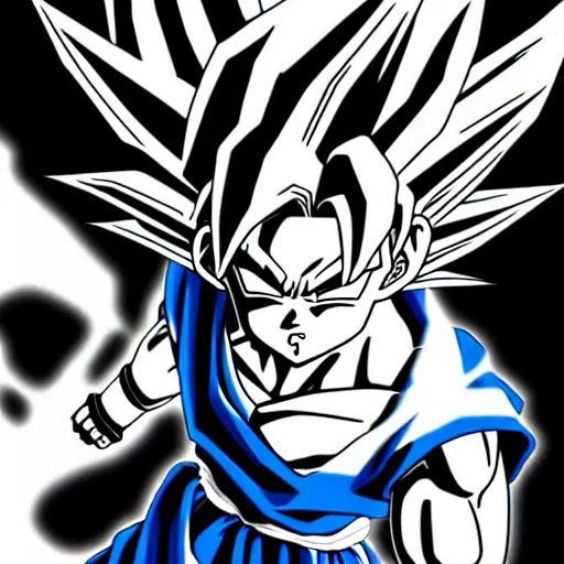 Prompt: Goku, ultra wide, Poster, Very Epic, 4k resolution, highly detailed, Trend on artstation, Black & White Art, Blue fire!, white background, sketch, Digital 2D, Character Design,