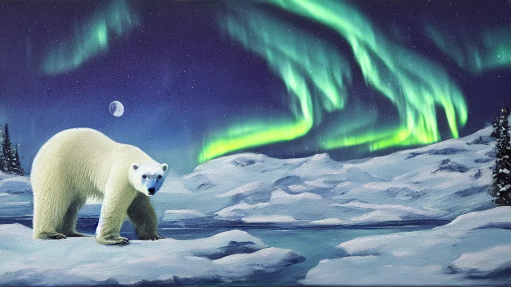 Image similar to an oil painting of a close - up polar bear traversing a snowy landscape at night, the northern lights and the moon are visible