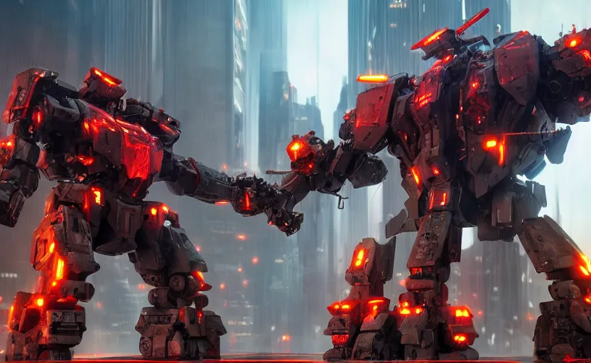 Prompt: an epic fight between two gigantic weaponized mechs in the middle of a futuristic new york city, futuristic, epic, cinematic, raytracing, cyberpunk, 4 k, destructive, awesome, stunning