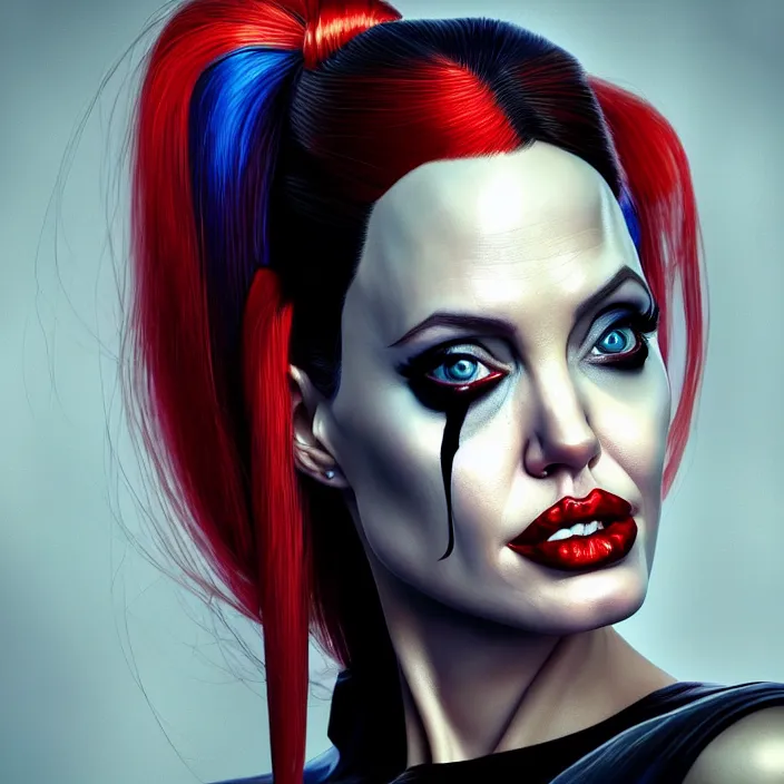 Image similar to portrait of Angelina Jolie as a harley quinn. intricate abstract. intricate artwork. by Tooth Wu, wlop, beeple, dan mumford. octane render, trending on artstation, greg rutkowski very coherent symmetrical artwork. cinematic, hyper realism, high detail, octane render, 8k, iridescent accents