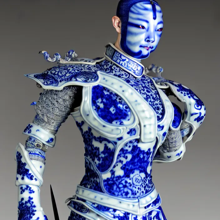 Image similar to porcelain cyborg imperial armor, Chinese Ming dynasty Blue and white porcelain mid-15th century, diffuse lighting, fantasy, intricate, elegant, highly detailed, lifelike, photorealistic, digital painting, artstation, illustration, concept art, smooth, sharp focus, art by John Collier and Albert Aublet and Krenz Cushart and Artem Demura and Alphonse Mucha