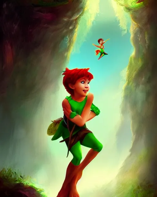 Prompt: if Peter Pan was a beautiful girl, trending on artstation, concept art, never land, tinkerbell,