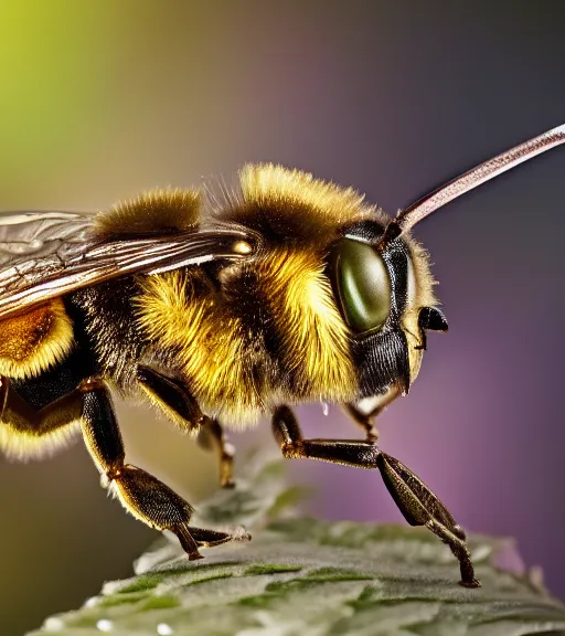 Prompt: super macro photo of a golden bee on a flower in a forest. dof. bokeh. magical atmosphere. art by greg rutkowski. lifelike. very detailed 8 k. intricate. soft light. nikon d 8 5 0.