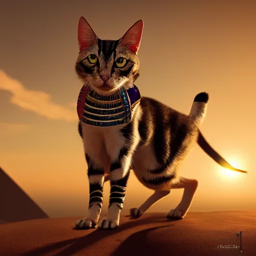 Image similar to egyptian cat, golden hour, fantasy, sharp focus, digital art, hyper realistic, 4 k, unreal engine, highly detailed, hd, dramatic lighting by brom, trending on artstation