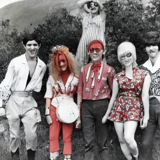 Image similar to 1 9 6 0 s photograph of a group of mixed gender hippies wearing peppermint themed outfits