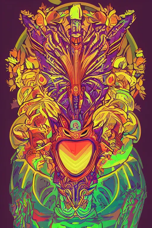 Image similar to animal mask totem roots flower tribal feather gemstone plant wood rock shaman vodoo video game vector cutout illustration vivid multicolor borderlands comics by josan gonzales and dan mumford radiating a glowing aura