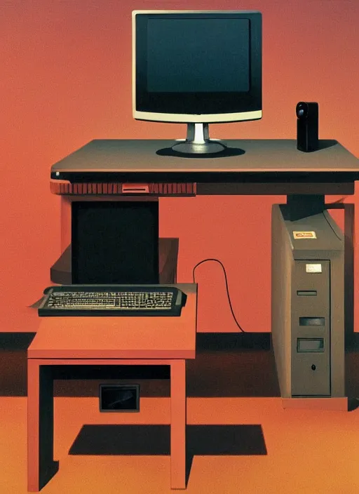 Image similar to A desk holding a computer monitor mouse monitor and keyboard with the tower sitting on the floor, Edward Hopper and James Gilleard, Zdzislaw Beksinski, Mark Ryden, Wolfgang Lettl highly detailed