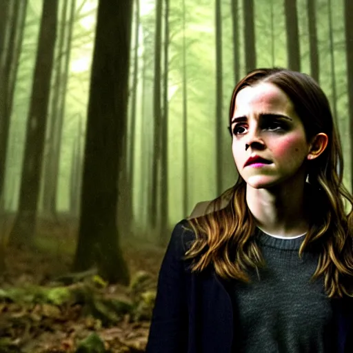 Image similar to emma watson, found footage, in woods, front light, blair witch