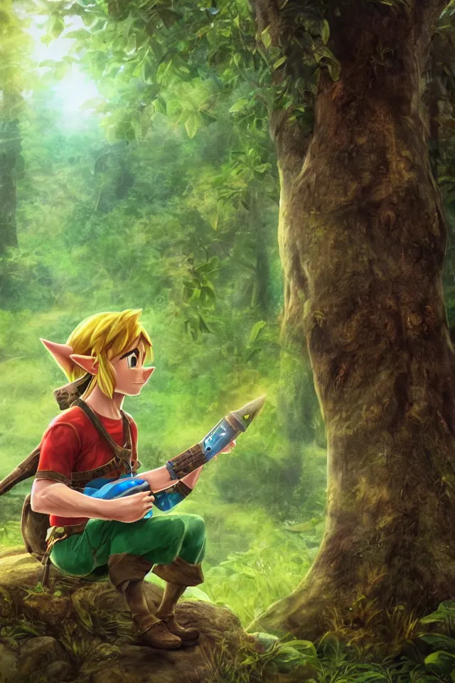 Prompt: a photorealistic portrait of link sitting in woods of hyrule playing ocarina, with a ultra detailed texture and a dreamy atmosphere, hdr, cinematic scene, beautiful light