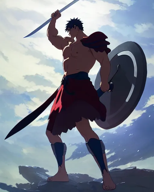 Prompt: powerful muscular warrior with a greatsword and wearing plate armor and a cape, dramatic action pose, square masculine jaw, short messy hair, trending on pixiv fanbox, by greg rutkowski makoto shinkai takashi takeuchi studio ghibli, akihiko yoshida