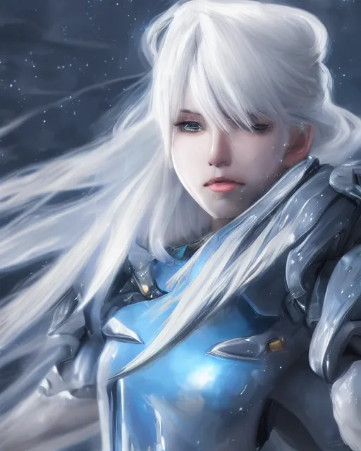 Prompt: perfect white haired girl, warframe armor, beautiful, dreamy, pretty face, blue eyes, detailed, windy weather, scifi, utopian architecture, laboratory, 4 k, ultra realistic, aura of light, cinematic, high detail, masterpiece, art by akihito tsukushi, akasuki brightmind