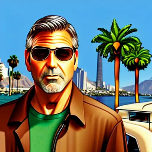 Image similar to george clooney in gta v. los santos in background, palm trees in the art style of stephen bliss