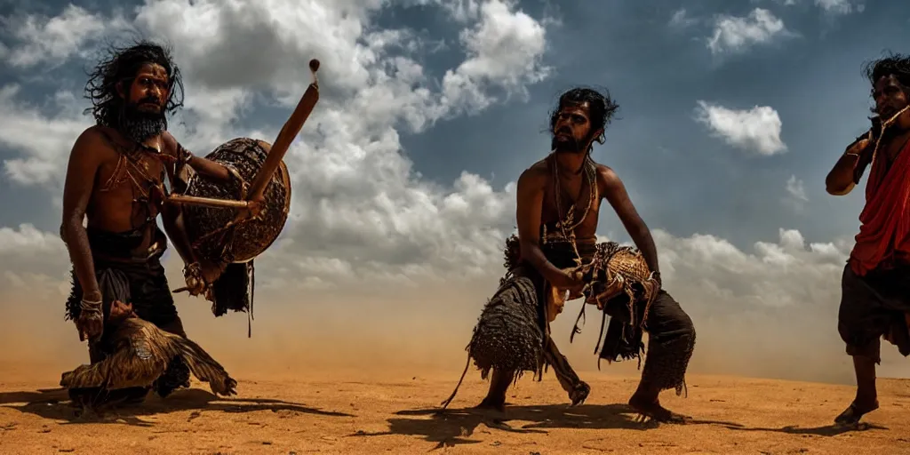 Image similar to sri lankan mad max style, traditional drum player, film still, epic shot cinematography, rule of thirds