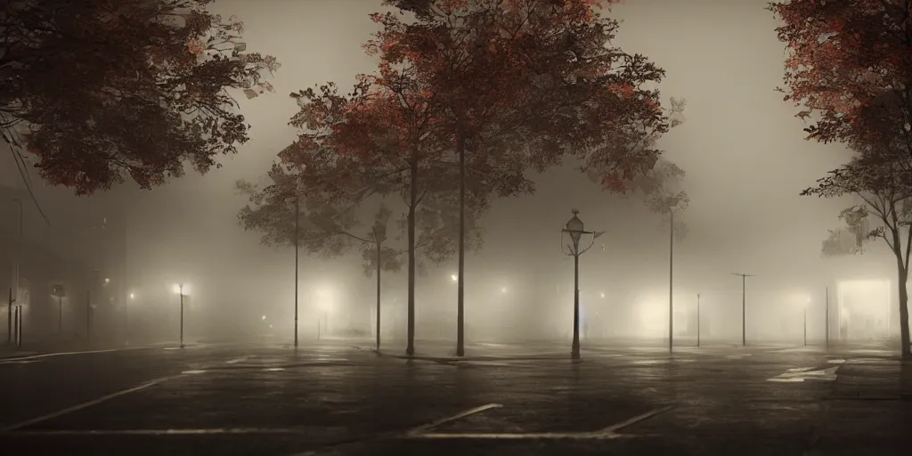 Image similar to silent hill in real life, streets, sombre, parked cars, overcast, blankets of fog pockets, rain, volumetric lighting, beautiful, night time, autumn, sharp focus, 7 0 s visuals, ultra detailed, cgsociety