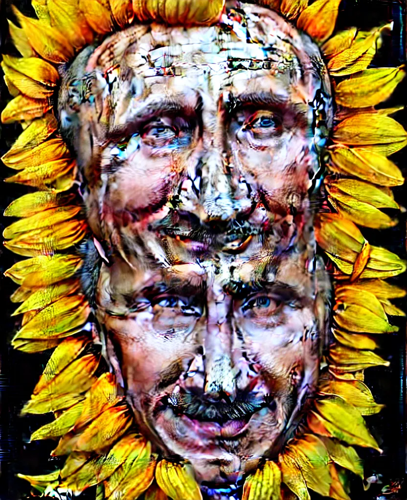 Image similar to digital art, centered full body of Putin smiling king, Sunflower crown, ,intricate, veins, by James Jean and by artgerm , by ross tran ultradetailed, charachter design, concept art, trending on artstation,