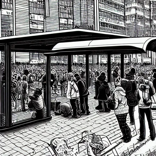 Prompt: people waiting in bus stop, by dan mumford