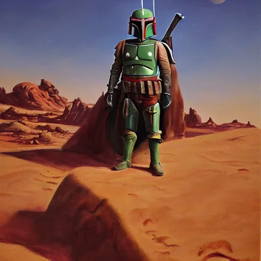 Prompt: Boba Fett looking at a giant cliff on Tatooine, oil painting