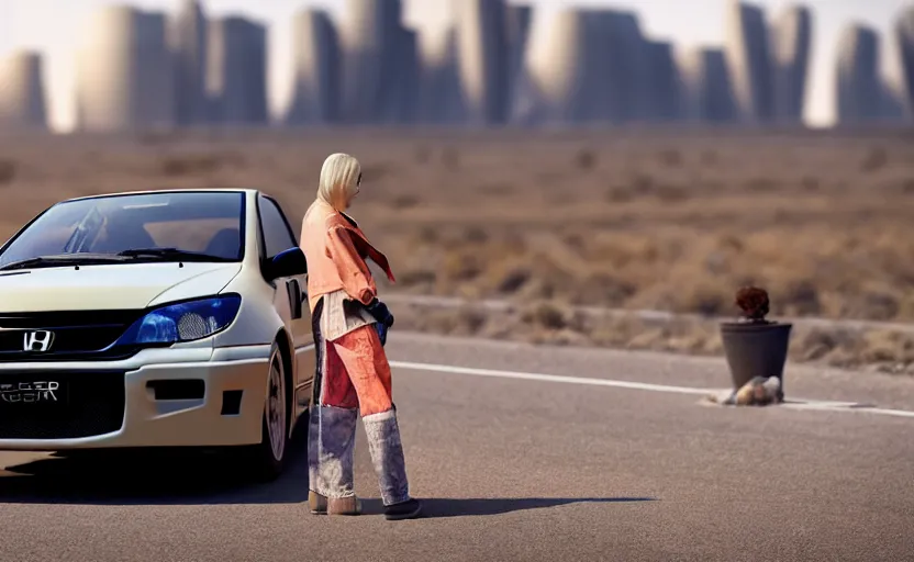 Image similar to photograph of a cell-shaded Honda EK9 Type-R with a lonely techwear woman , on a desert road with a futuristic city in the horizon, one point perspective, 1-point perspective, tilt shift, sigma 85mm f/1.4, 4k, depth of field, high resolution, 4k, 8k, hd, full color