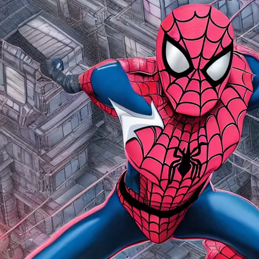 Image similar to spiderman with pink suit and yellow glowing eyes, and alien ears, anime cinema photorealistic beautiful cinematic world of chrono trigger in the style of studio ghibli. hyperdetailed photorealism, 1 0 8 megapixels, amazing depth, glowing rich colors, powerful imagery, psychedelic overtones, 3 d finalrender, 3 d shading, cinematic lighting, artstation concept art