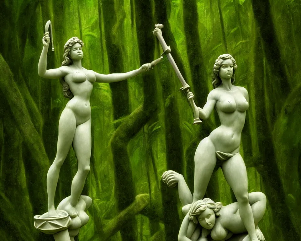 Image similar to lady justice sculpture in a rainforest clearing by raphael, hopper, and rene magritte. detailed, romantic, enchanting, trending on artstation.