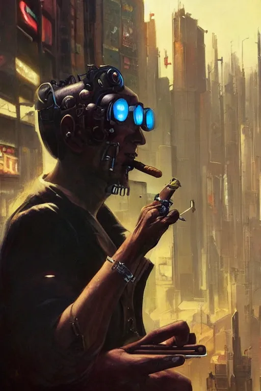 Image similar to An android smoking a cigar in a cyberpunk city, by Frank Frazetta, Trending on Artstation, highly detailed,