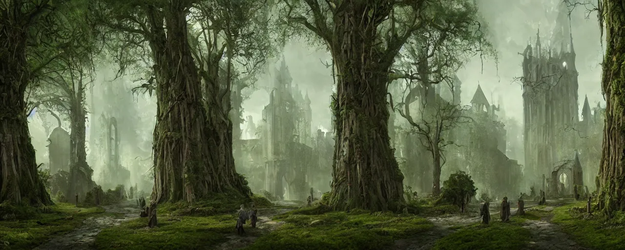 Image similar to a painting of a gothic medieval village in a mossy forest with giant trees, stunning intricate matte painting by senior environment artist, cgsociety, fantasy art