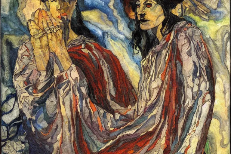 Image similar to comics sandmanin a cloak by Neil Gaiman, in style The Demon Seated, by Mikhail Vrubel, oil painting, art gallery, art museum, small details, whole-length