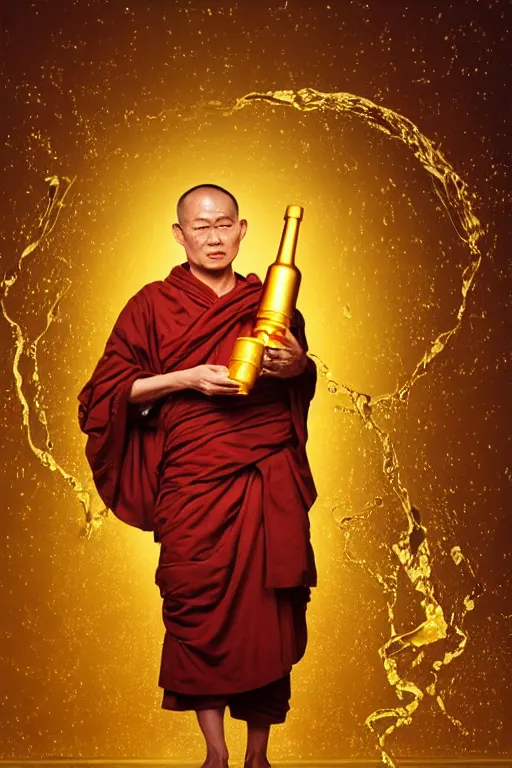 Prompt: highly detailed potrait of buddhist monk with liquid gold coming out of in his mounth by stanley kubrick and tooth wu and wlop and beeple