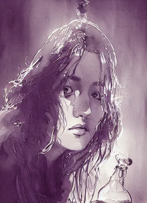 Image similar to portrait, beautiful Stoner hippy girl, sitting down, smoking a magical bong, watercolor, dramatic lighting, cinematic, establishing shot, extremely high detail, foto realistic, cinematic lighting, pen and ink, intricate line drawings, by Yoshitaka Amano, Ruan Jia, Kentaro Miura, Artgerm, post processed, concept art, artstation, matte painting, style by eddie mendoza, raphael lacoste, alex ross