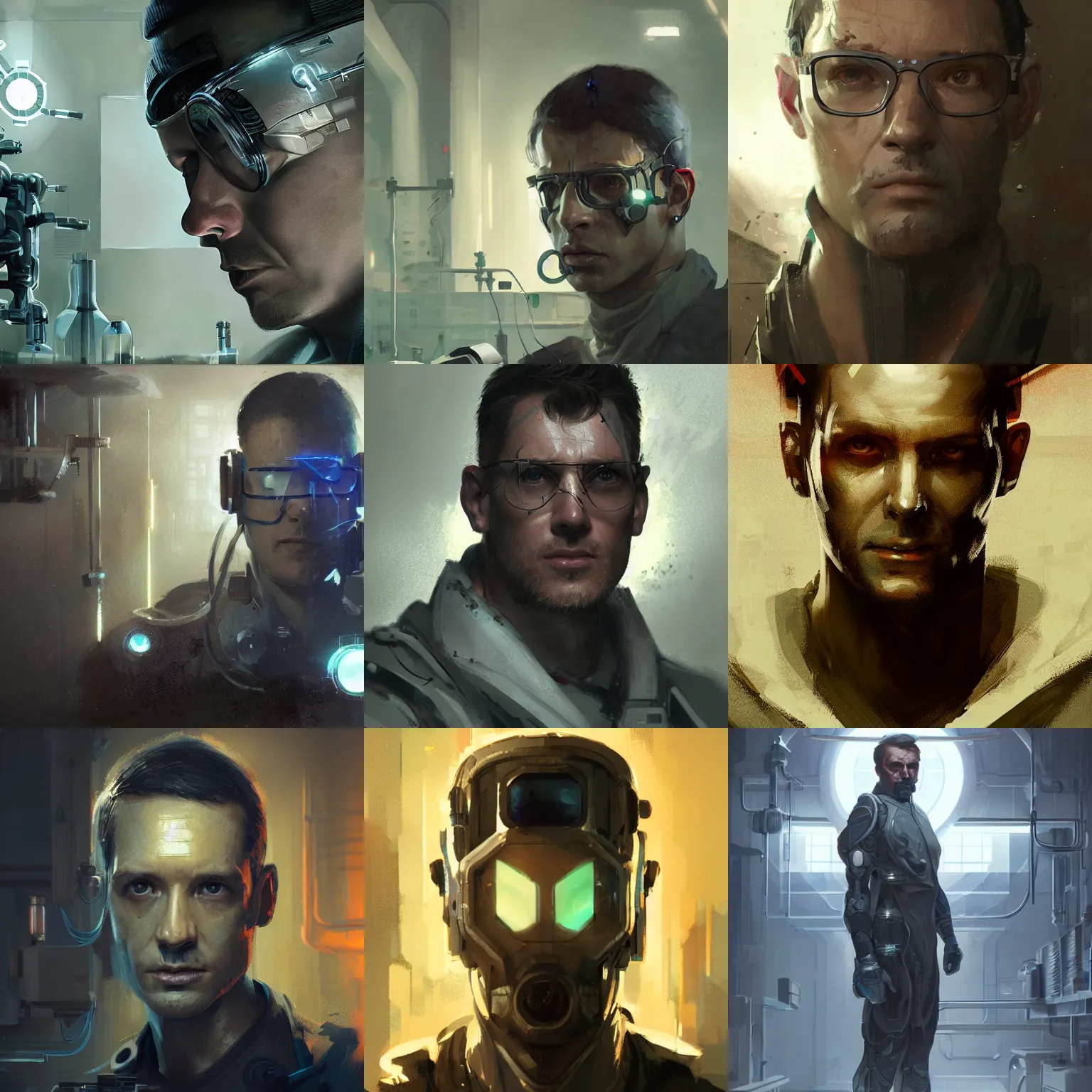 Prompt: a laboratory operator man with cybernetic enhancements, scifi character portrait by greg rutkowski, craig mullins, cinematic lighting, dystopian scifi gear, halfbody portrait