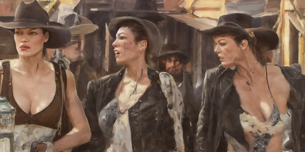 Image similar to an oil-painting of a busy old west town with Mila Jovovich and Dave Bautista