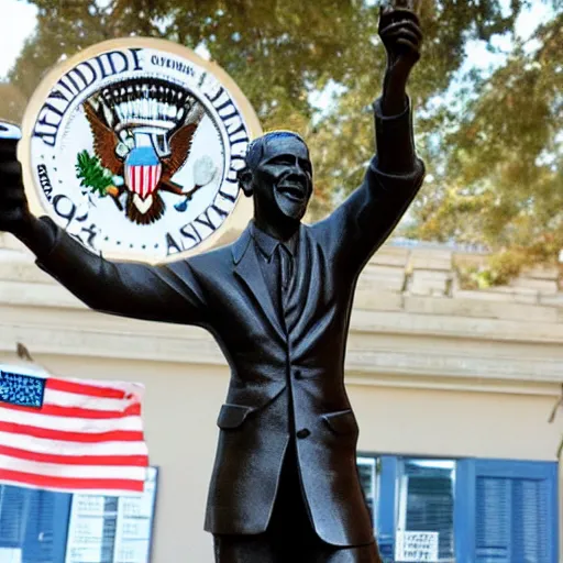 Prompt: a statue of obama drinking beer, handcrafted marble, presidential statue, obama, beer