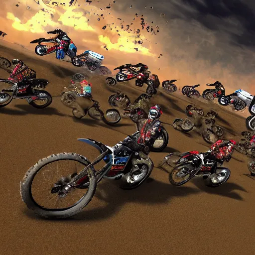 Image similar to erzberg rodeo off road motorcycle race in a 7 circles of hell by dante, game art, super detailed, 5 riders on a picture are going uphill