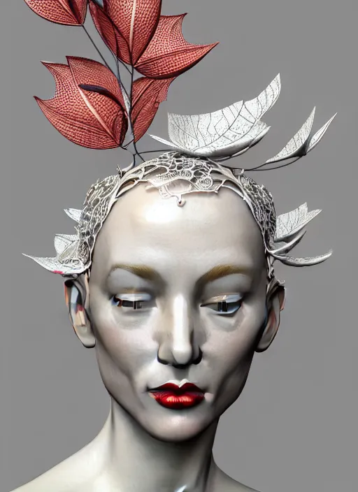 Prompt: complex 3d render ultra detailed of a beautiful porcelain profile woman face, mechanical cyborg, 150 mm, silver gold details, beautiful natural soft light, rim light, magnolia big leaves and stems, roots, fine foliage lace, mesh wire, intricate details, hyperrealistic, mandelbrot fractal, anatomical, red lips, Alexander McQueen haute couture, white metal armor, facial muscles, cable wires, microchip, elegant, octane render, H.R. Giger style, 8k