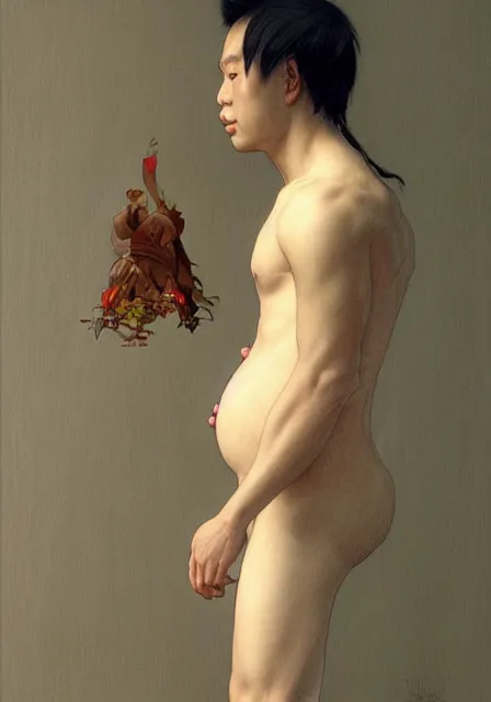 Image similar to pregnant asian male, handsome, intricate, elegant, highly detailed, digital painting, artstation, concept art, smooth, sharp focus, illustration, art by artgerm and greg rutkowski and alphonse mucha and william - adolphe bouguereau