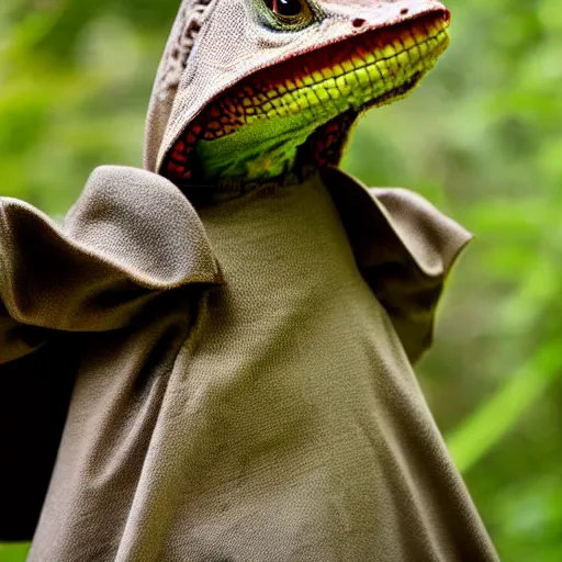 Prompt: medieval cloak wearing lizard, photograph captured in the woods