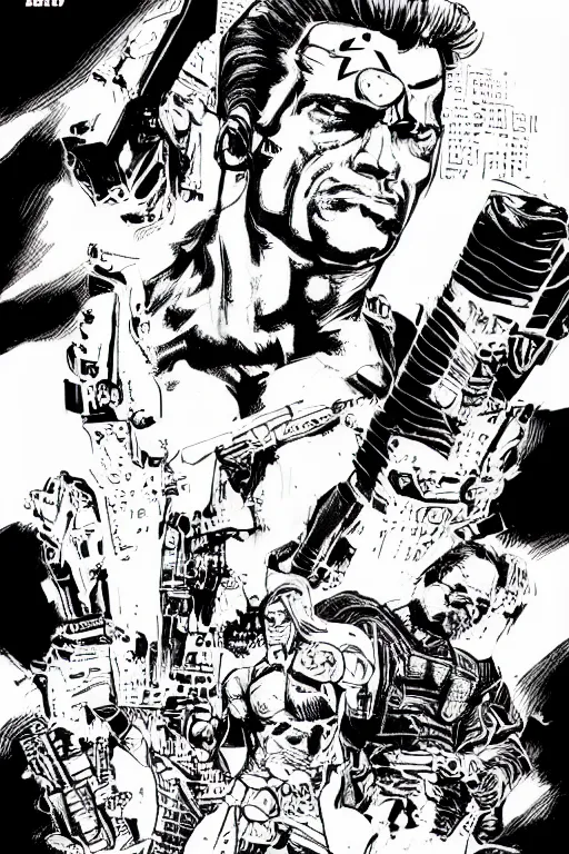 Image similar to arnold schwarzenegger, a page from cyberpunk 2 0 2 0, style of paolo parente, style of mike jackson, adam smasher, johnny silverhand, 1 9 9 0 s comic book style, ink drawing, black and white