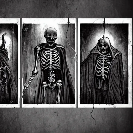 Prompt: ! dream a triptych with a skeleton, grim reaper, and devil, horror, scary, dark, high detail, cinematic lighting, medieval,