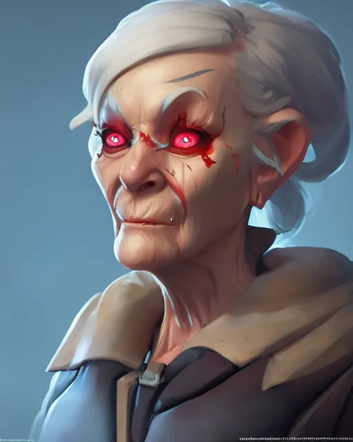 Image similar to overwatch concept art character portrait of a new character who is an elderly pale woman with a scarred face, trending on artstation, cgsociety,